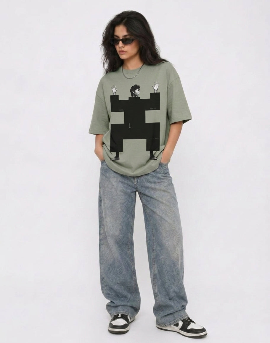 Cool Bee Structural Persona Tee Green for Women - Oversized Graphic Tee Streetwear India - Lifestyle View