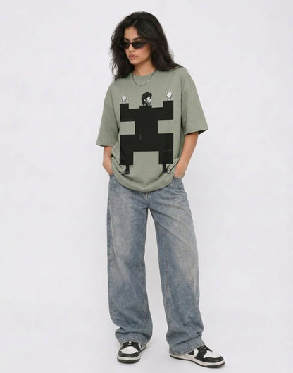 Cool Bee Structural Persona Tee Green for Women - Oversized Graphic Tee Streetwear India - Lifestyle View