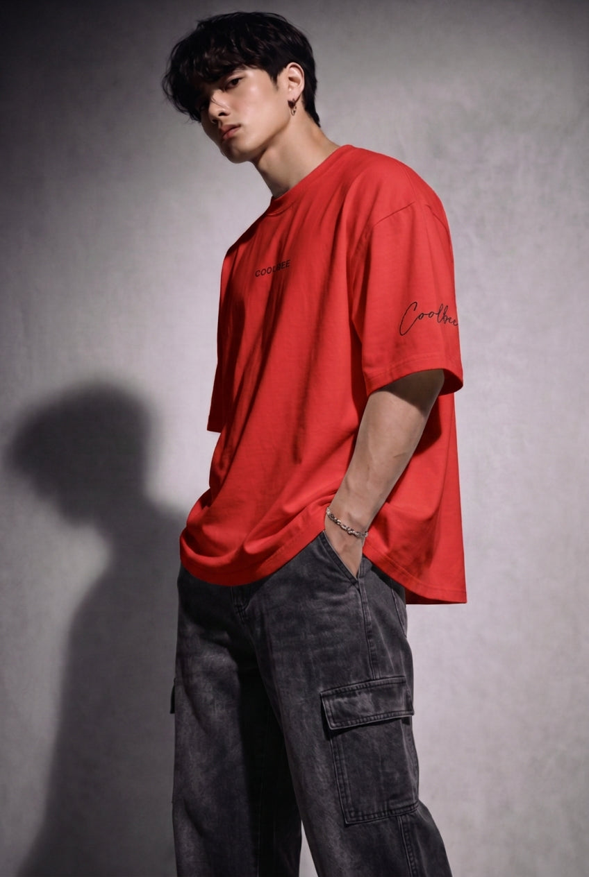 Cool Bee Lost in Thought Tee Red for Men - Red Oversized Graphic Tee Streetwear India - Lifestyle View