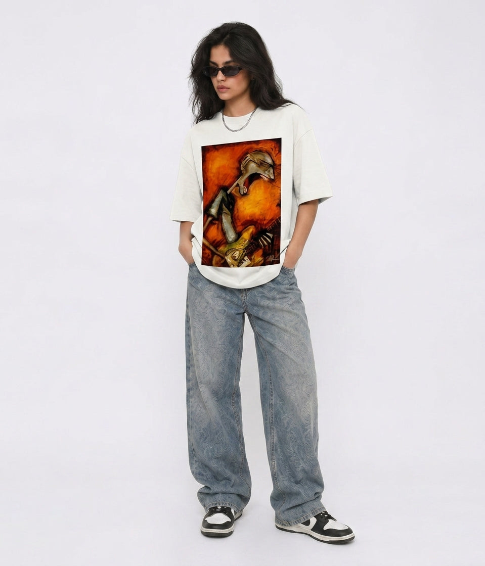 Cool Bee Canvas Chords Tee White for Women - Oversized Graphic Tee Streetwear India - Lifestyle View