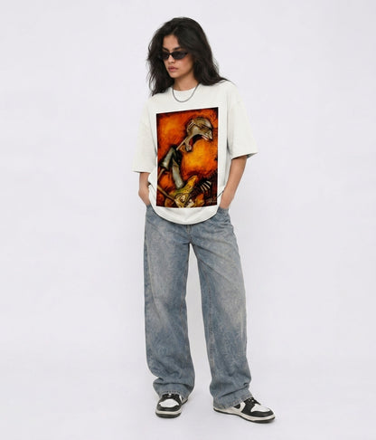 Cool Bee Canvas Chords Tee White for Women - Oversized Graphic Tee Streetwear India - Lifestyle View