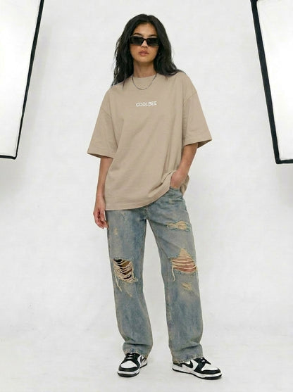 Cool Bee Midnight Muse Tee Beige for Women - Oversized Graphic Tee Streetwear India - Lifestyle View