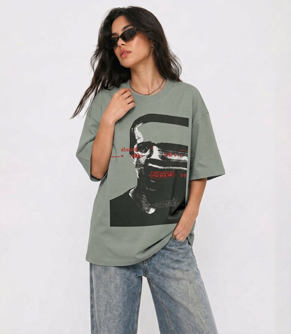 Cool Bee Glitch Portrait Tee Green for Women - Oversized Graphic Tee Streetwear India - Lifestyle View