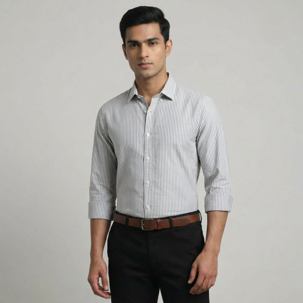 Super Premium Slim Fit Grey Striped Oxford Shirt