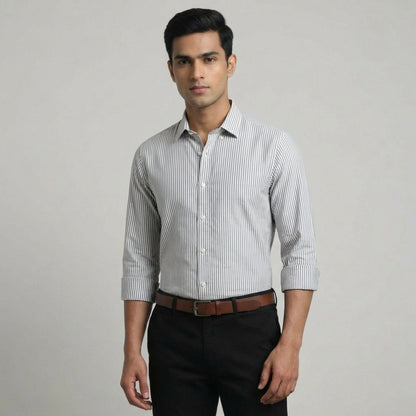 Super Premium Slim Fit Grey Striped Oxford Shirt