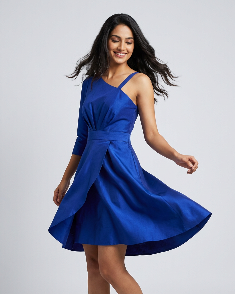 Shop the Royal Blue One-Shoulder Cocktail Dress. Premium satin finish with asymmetric long sleeve and pleated bodice. The perfect tailored evening dress for weddings and parties. Fast shipping available.