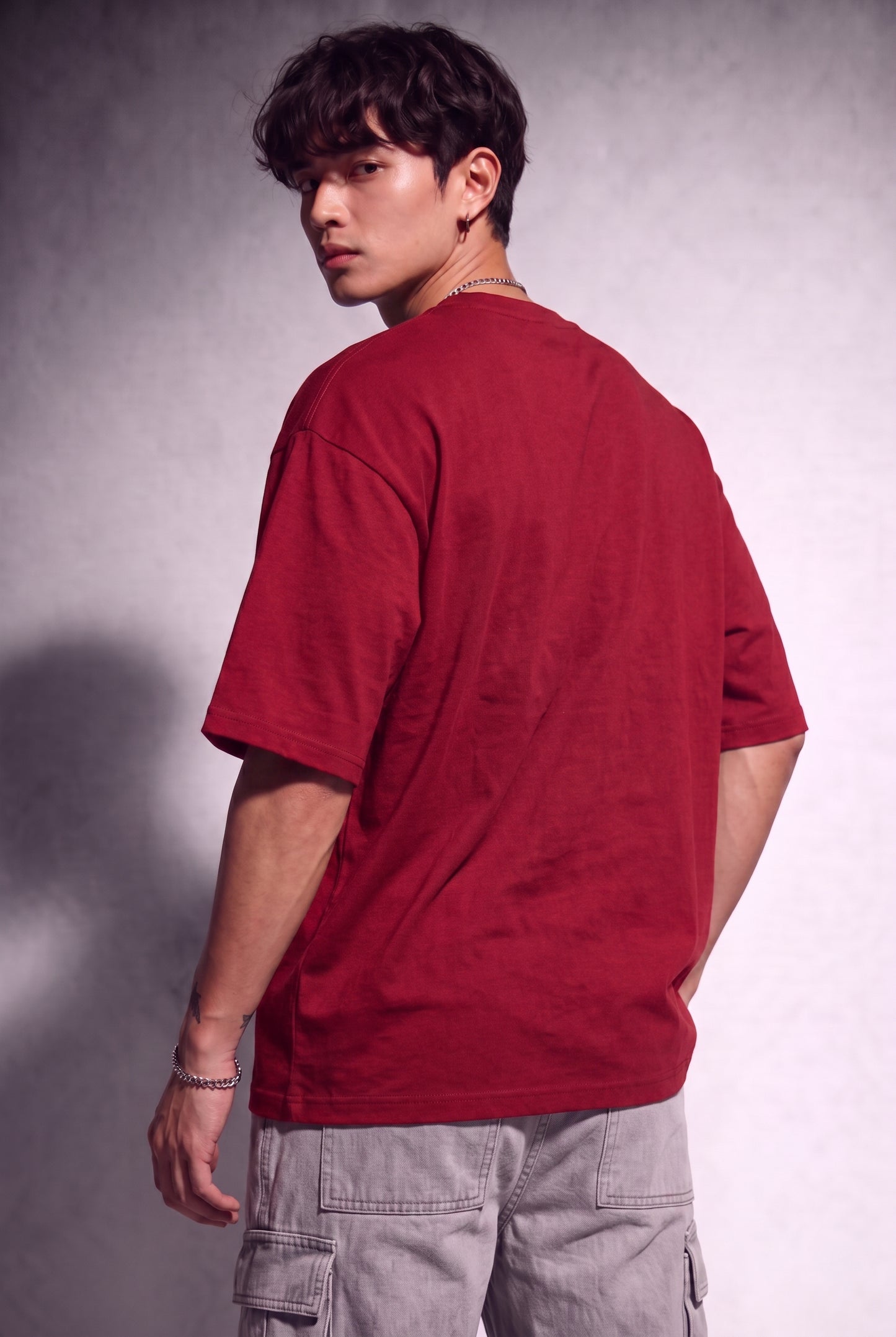 Cool Bee Glitch Portrait Tee Red for Men - Red Oversized Graphic Tee Streetwear India - Lifestyle View