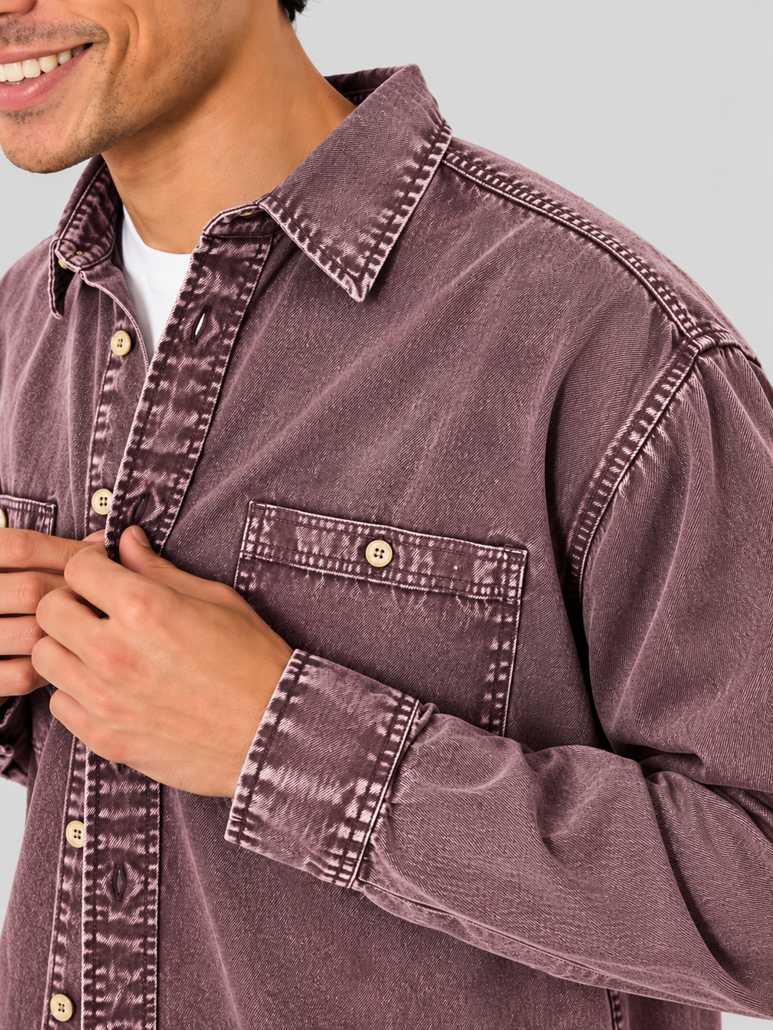 Cool Bee Mauve Wine Denim Washed Shirt – close-up of washed denim collar, metal buttons and flap pocket