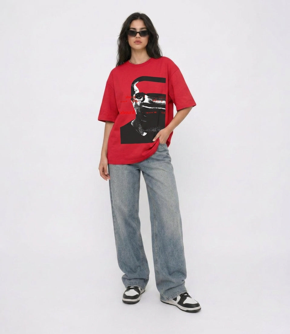 Cool Bee Glitch Portrait Tee Red for Women - Oversized Graphic Tee Streetwear India - Lifestyle View