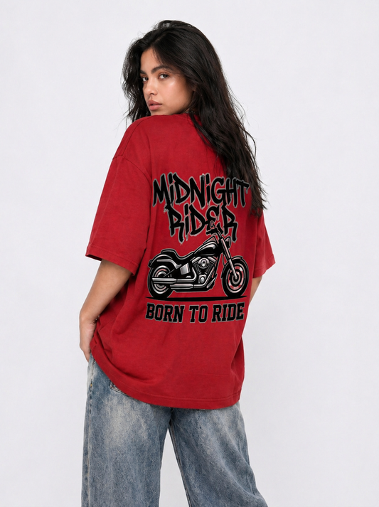 Person wearing a red t-shirt with 'Midnight Rider' graphic design on a white background