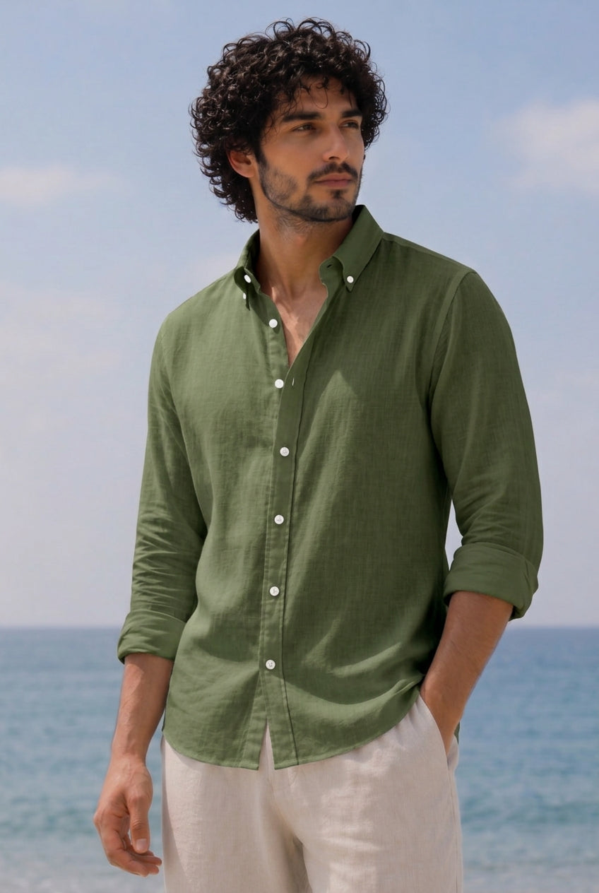 Cool Bee Linen Casual Shirt Dark Green for Men - Linen Casual Shirt Breathable India - Lifestyle View
