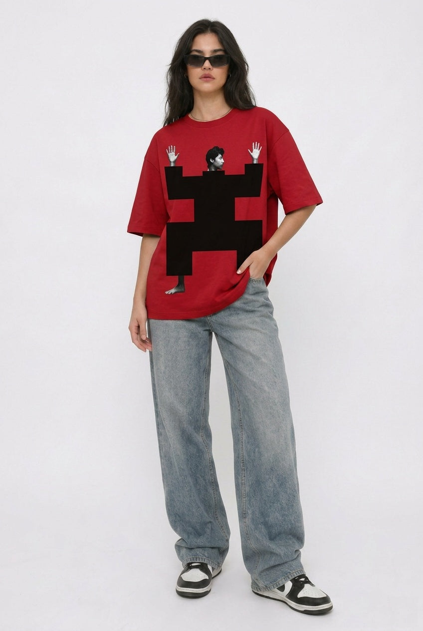 Cool Bee Structural Persona Tee Red for Women - Oversized Graphic Tee Streetwear India - Detail View