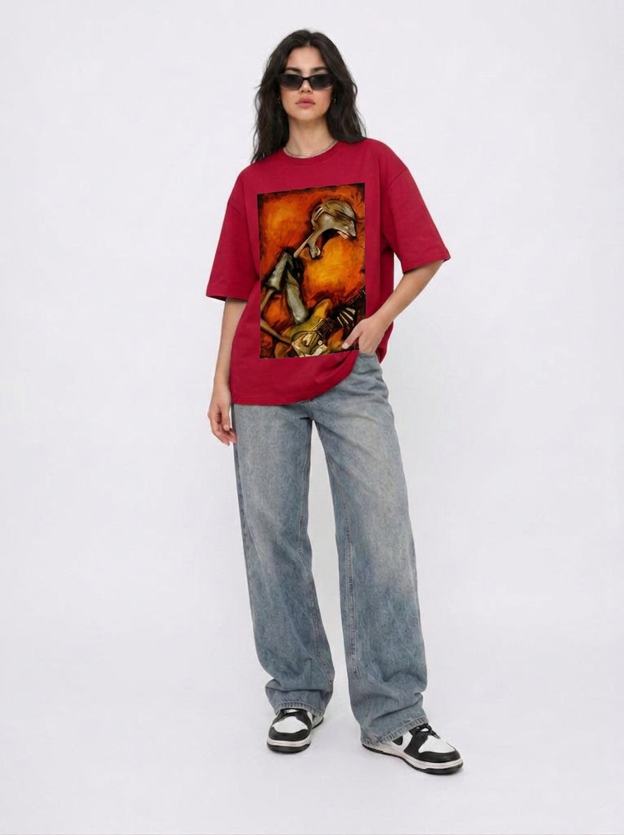 Cool Bee Canvas Chords Tee Red for Women - Oversized Graphic Tee Streetwear India - Detail View