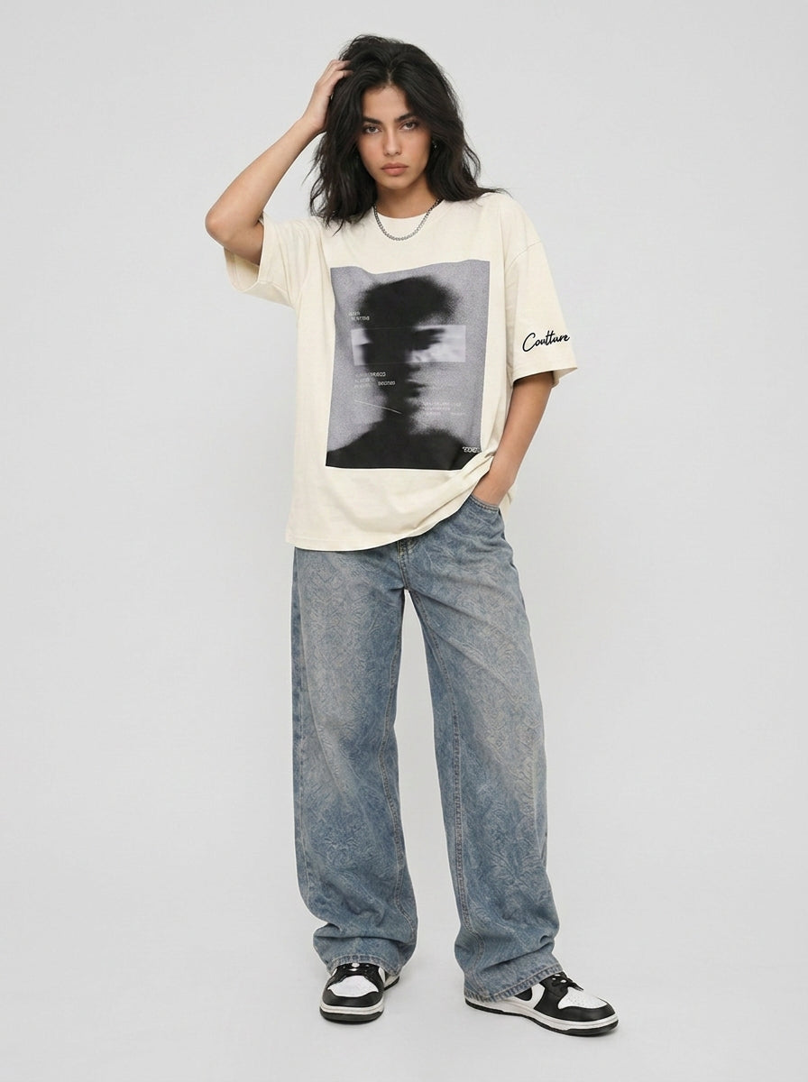 Cool Bee Blurred Vision Tee White for Women - Oversized Graphic Tee Streetwear India - Lifestyle View