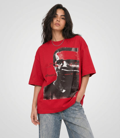 Cool Bee Glitch Portrait Tee Red for Women - Red Oversized Graphic Tee Streetwear India