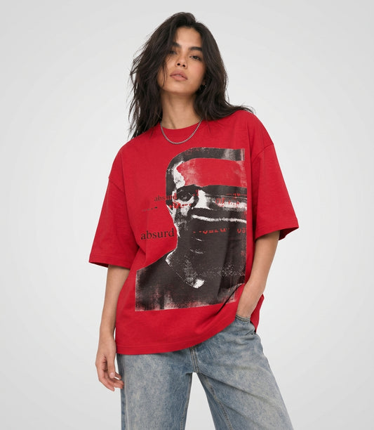 Cool Bee Glitch Portrait Tee Red for Women - Red Oversized Graphic Tee Streetwear India