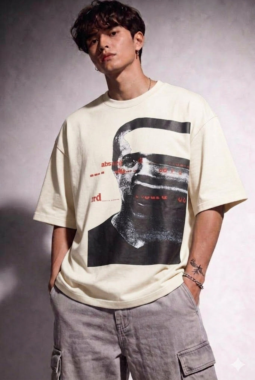 Cool Bee Glitch Portrait Tee Off White for Men - Off White Oversized Graphic Tee Streetwear India