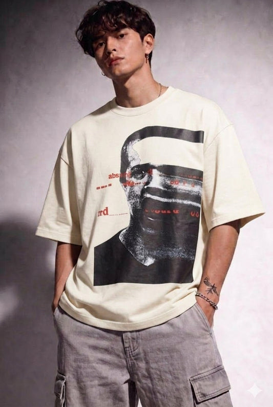 Cool Bee Glitch Portrait Tee Off White for Men - Off White Oversized Graphic Tee Streetwear India