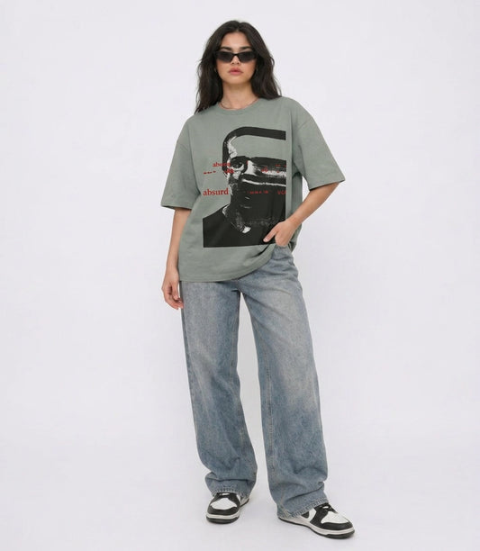 Cool Bee Glitch Portrait Tee Green for Women - Oversized Graphic Tee Streetwear India - Back View
