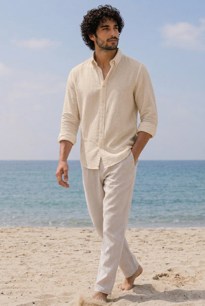Cool Bee Linen Casual Shirt Beige for Men - Beige Linen Casual Shirt Breathable India - Lifestyle View