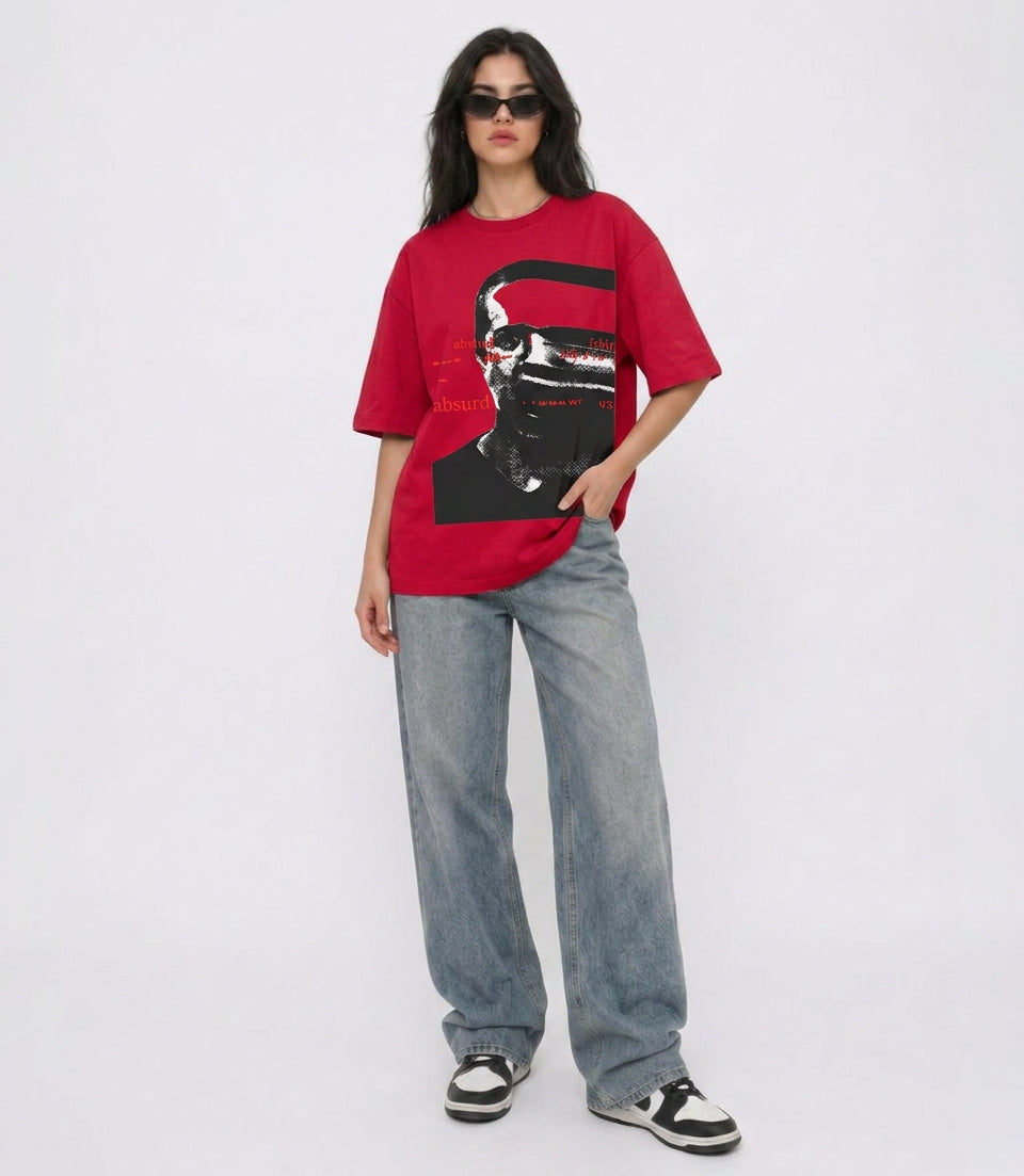 Cool Bee Glitch Portrait Tee Red for Women - Oversized Graphic Tee Streetwear India - Lifestyle View