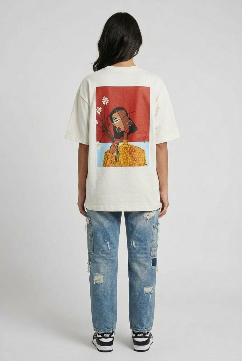 Cool Bee Cubist Bloom Oversize Tee White for Women - Oversized Graphic Tee Streetwear India - Lifestyle View