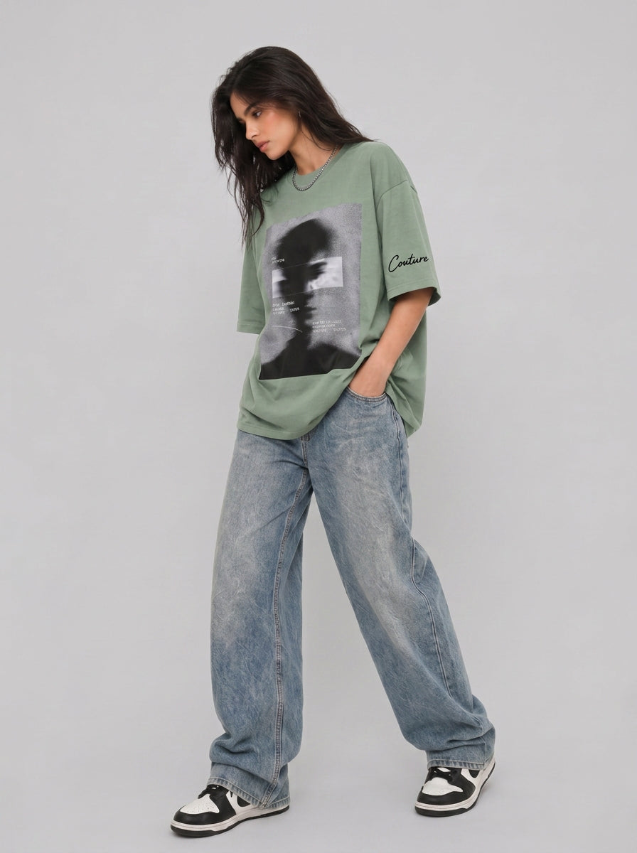 Cool Bee Blurred Vision Tee Green for Women - Oversized Graphic Tee Streetwear India - Lifestyle View