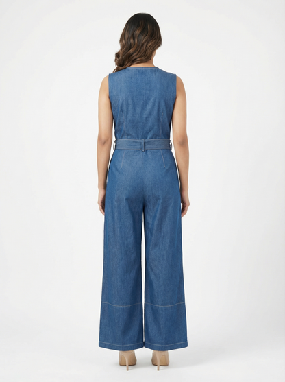 Sleek Utility Denim Jumpsuit – Indigo Wash