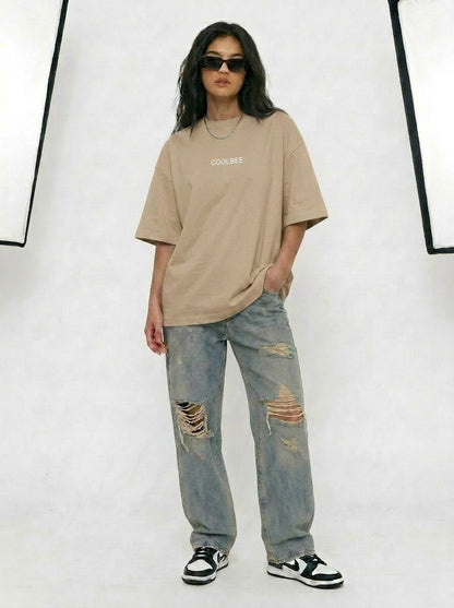 Cool Bee Orbital Drift Tee Beige for Women - Oversized Graphic Tee Streetwear India - Lifestyle View