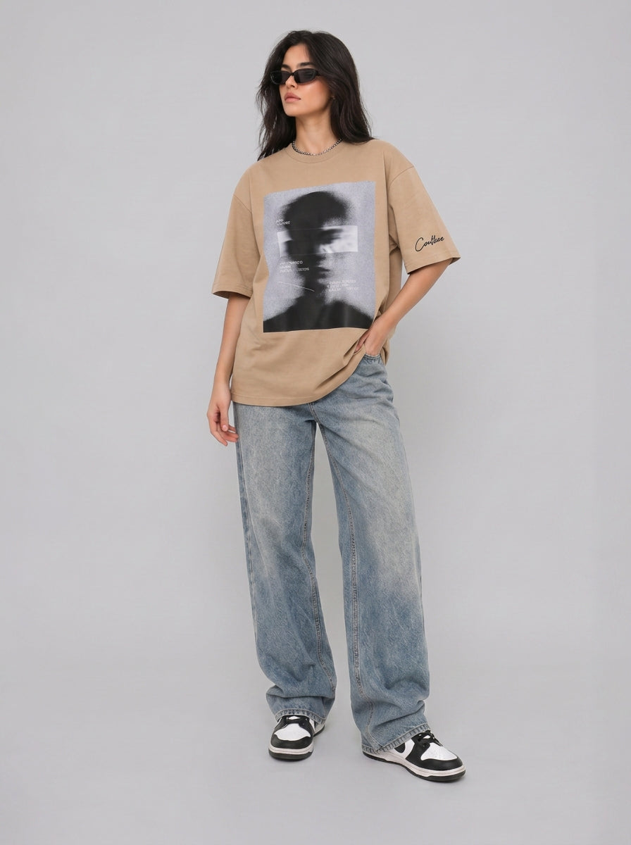 Cool Bee Blurred Vision Tee Beige for Women - Oversized Graphic Tee Streetwear India - Detail View