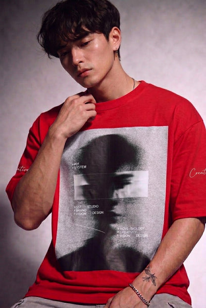 Cool Bee Blurred Vision Tee Red for Men - Red Oversized Graphic Tee Streetwear India - Lifestyle View
