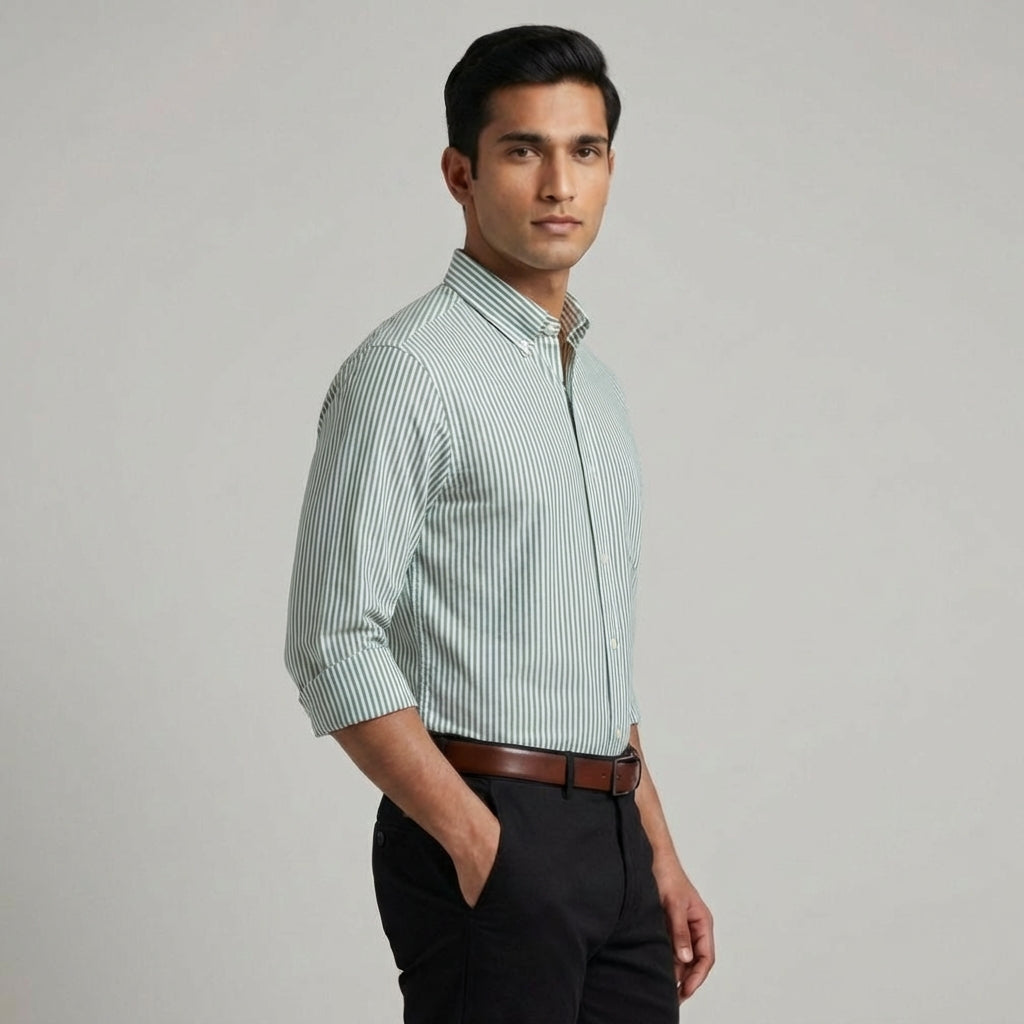 Super Premium Slim Fit Green Striped Oxford Shirt