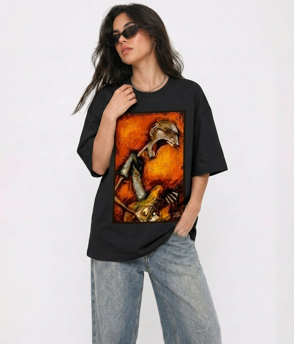Cool Bee Canvas Chords Tee Black for Women - Oversized Graphic Tee Streetwear India - Detail View