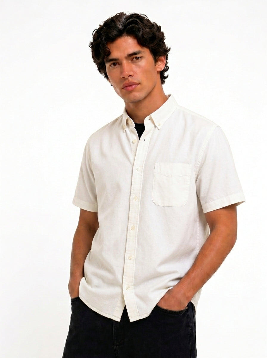 Cool Bee Oxford Casual Half Shirt White for Men - White Premium Half Sleeve Casual Shirt India - Detail View