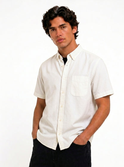 Cool Bee Oxford Casual Half Shirt White for Men - White Premium Half Sleeve Casual Shirt India - Detail View
