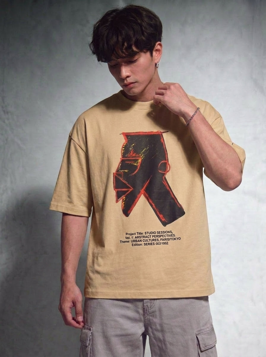 Cool Bee Urban Nomad Tee Beige for Men - Beige Oversized Graphic Tee Streetwear India - Detail View