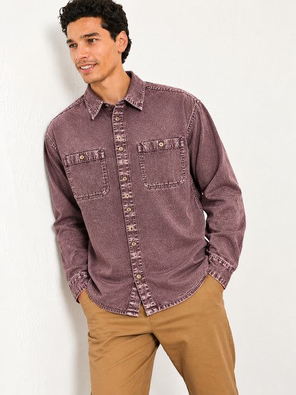 Cool Bee Mauve Wine Denim Washed Shirt – three-quarter view, buttoned mauve wine denim with flap chest pockets