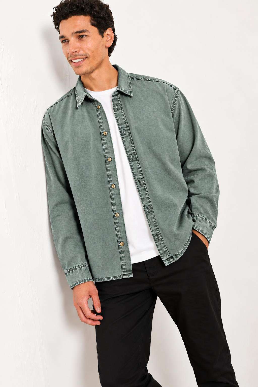 Cool Bee Sage Heritage Washed Denim Shirt – relaxed fit, sage green shirt open over white tee, hand in pocket