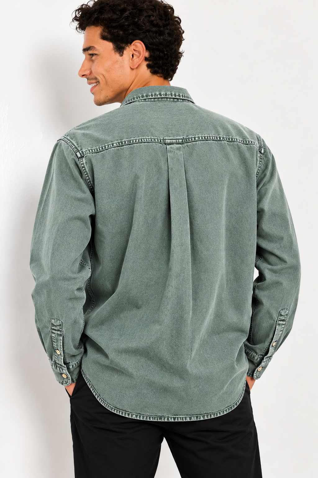 Cool Bee Sage Heritage Washed Denim Shirt – back view over the shoulder showing box pleat