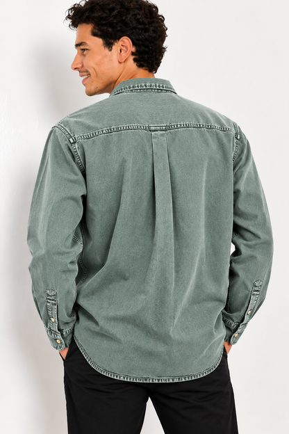 Cool Bee Sage Heritage Washed Denim Shirt – back view over the shoulder showing box pleat