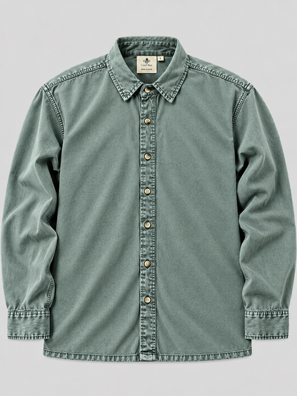 Cool Bee Sage Heritage Washed Denim Shirt – flat lay front view of sage green denim shirt