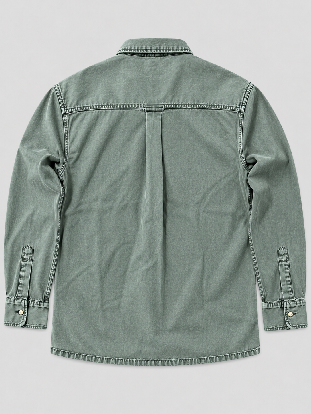Cool Bee Sage Heritage Washed Denim Shirt – flat lay back view of sage green denim shirt