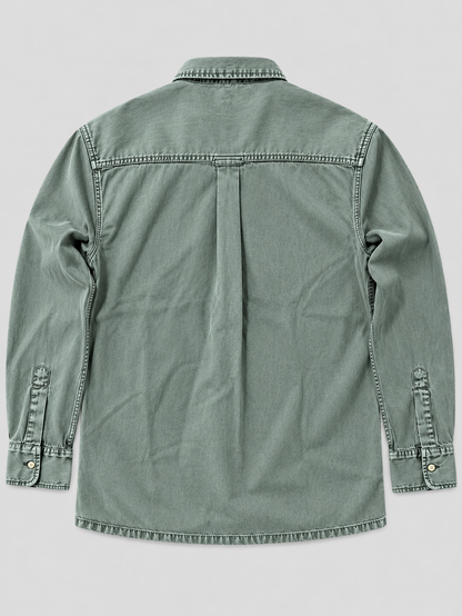 Cool Bee Sage Heritage Washed Denim Shirt – flat lay back view of sage green denim shirt