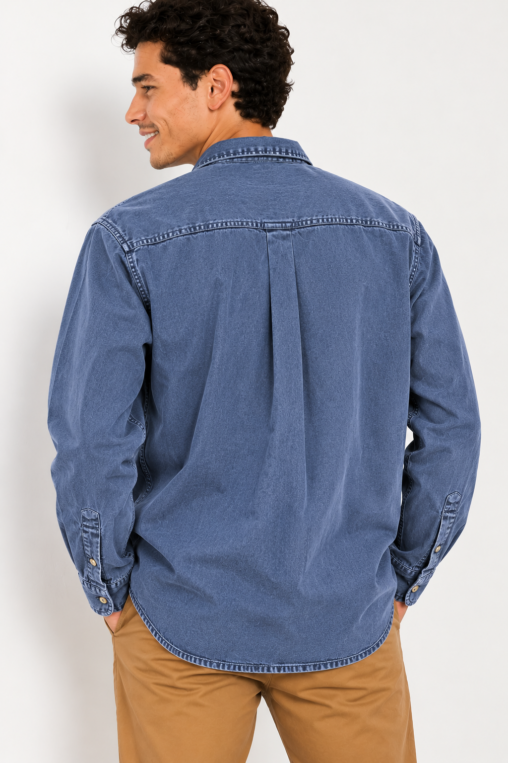 Cool Bee Midnight Blue Heritage Denim Shirt – back view over the shoulder showing box pleat