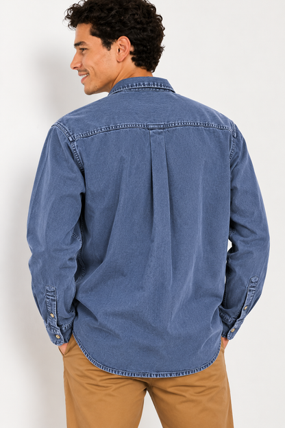 Cool Bee Midnight Blue Heritage Denim Shirt – back view over the shoulder showing box pleat
