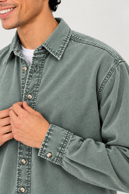 Cool Bee Sage Heritage Washed Denim Shirt – close-up of washed denim collar and metal snap buttons