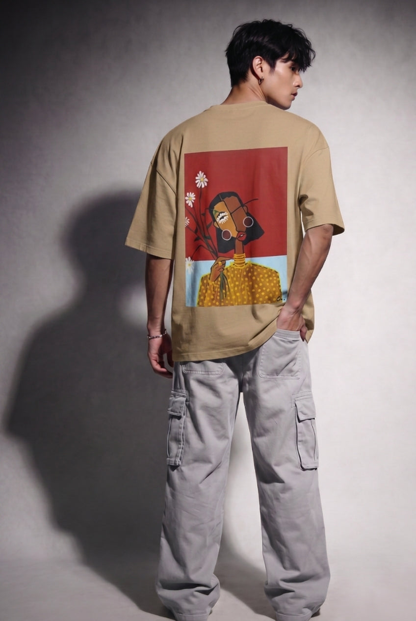 Cool Bee Cubist Bloom Oversize Tee Beige for Men - Beige Oversized Graphic Tee Streetwear India - Lifestyle View