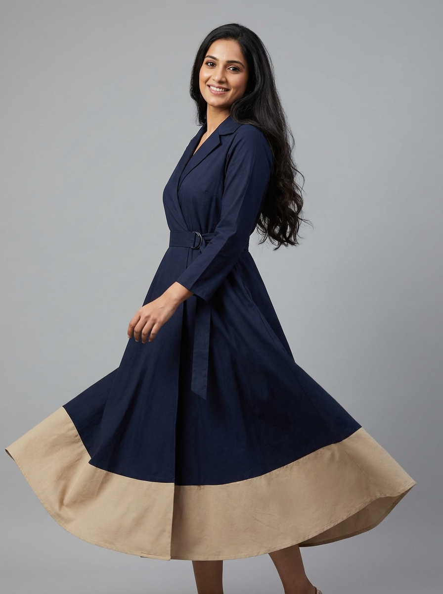 Midnight Elegance Two-Tone Flare Wrap Dress | Cool Bee