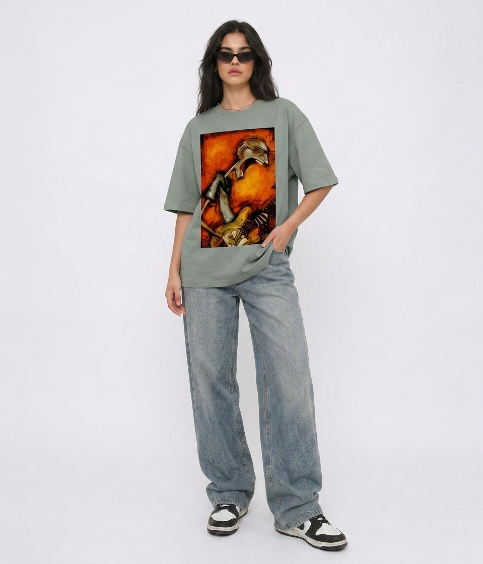 Cool Bee Canvas Chords Tee Green for Women - Oversized Graphic Tee Streetwear India - Lifestyle View