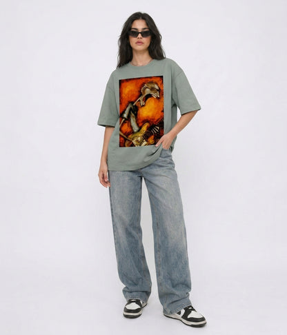 Cool Bee Canvas Chords Tee Green for Women - Oversized Graphic Tee Streetwear India - Lifestyle View